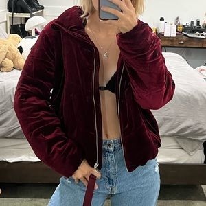 BURGUNDY RED VELVOT VELOUR PUFFER JACKET SZ MEDIUM